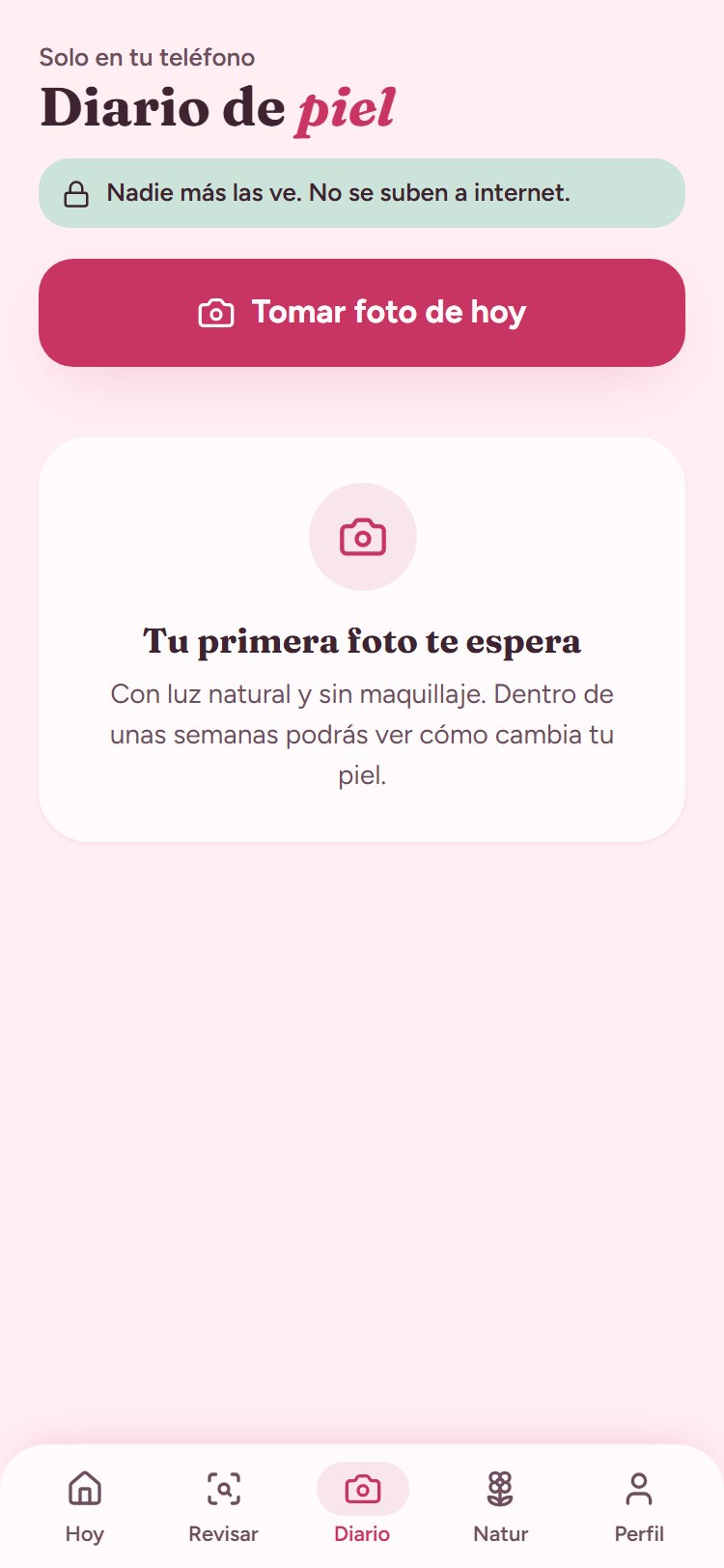 Pantalla Diario de piel: las fotos se guardan solo en tu teléfono