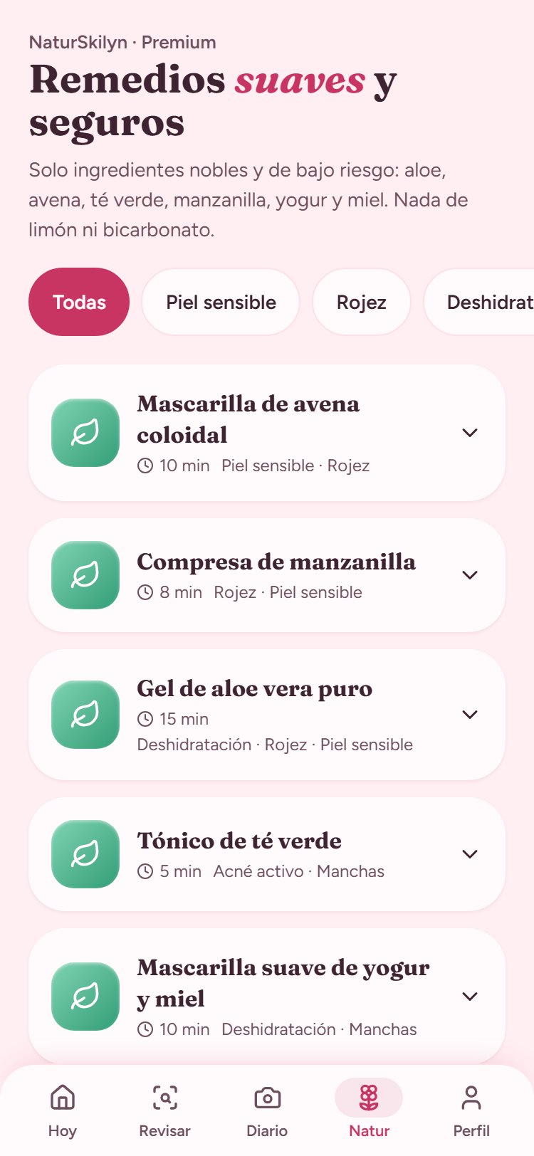 Pantalla NaturSkilyn: remedios suaves y seguros con aloe, avena, té verde, manzanilla, yogur y miel