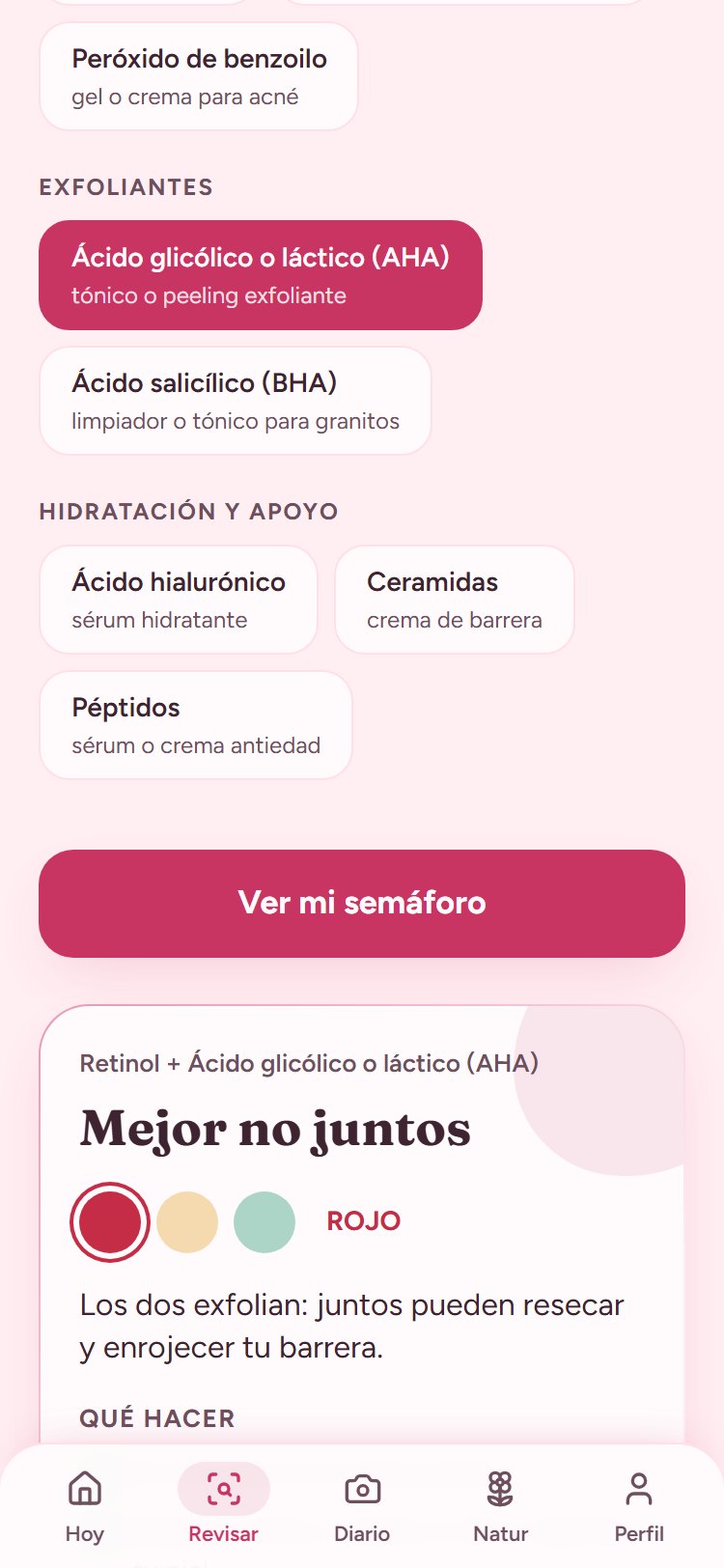 Pantalla Revisar: retinol con ácido glicólico da semáforo rojo, mejor no usarlos juntos